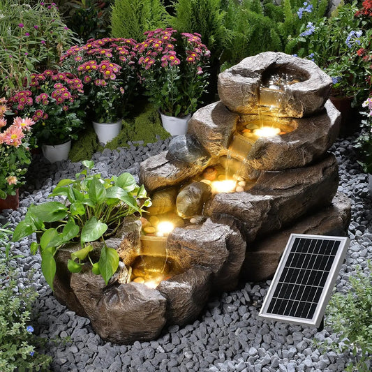 Solar Powered 5-Tier Rock Water Fountain Outdoor Garden