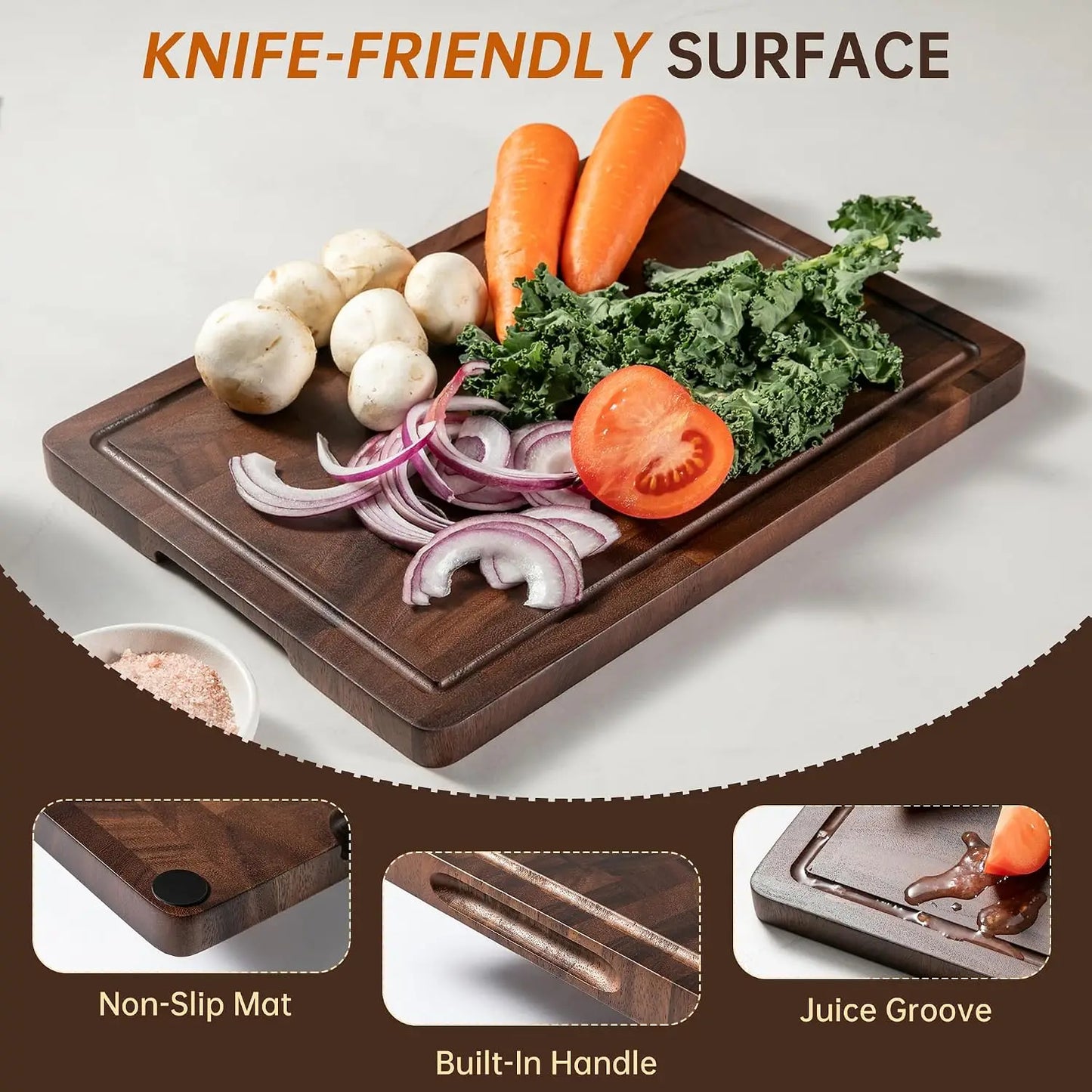 Walnut End Grain Cutting Board Set, Double Sided Butcher Block with Handle, Non Toxic Wooden Charcuterie Board for Kitchen, Gift Box