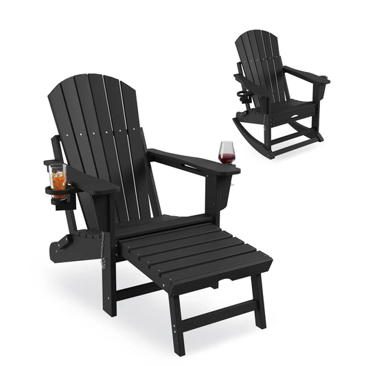 Rocking Chairs Folding  With Footrest, Adirondack RockingChair Outdoor With Retractable Ottoman and Cup Holder