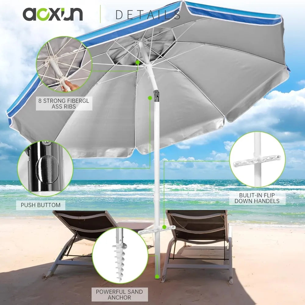 65FT Beach Umbrella Tilt Pole Sand Anchor Carry Bag UPF50 Sun Shelter Air Vents Outdoor Navy White