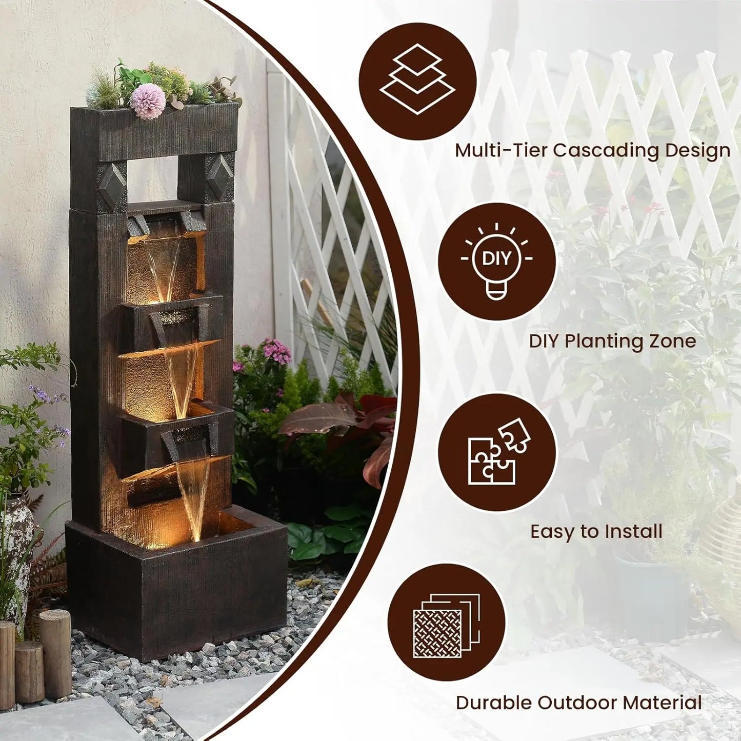 Four Tier Water Fountain With LED Lights And Pump For Indoor Outdoor