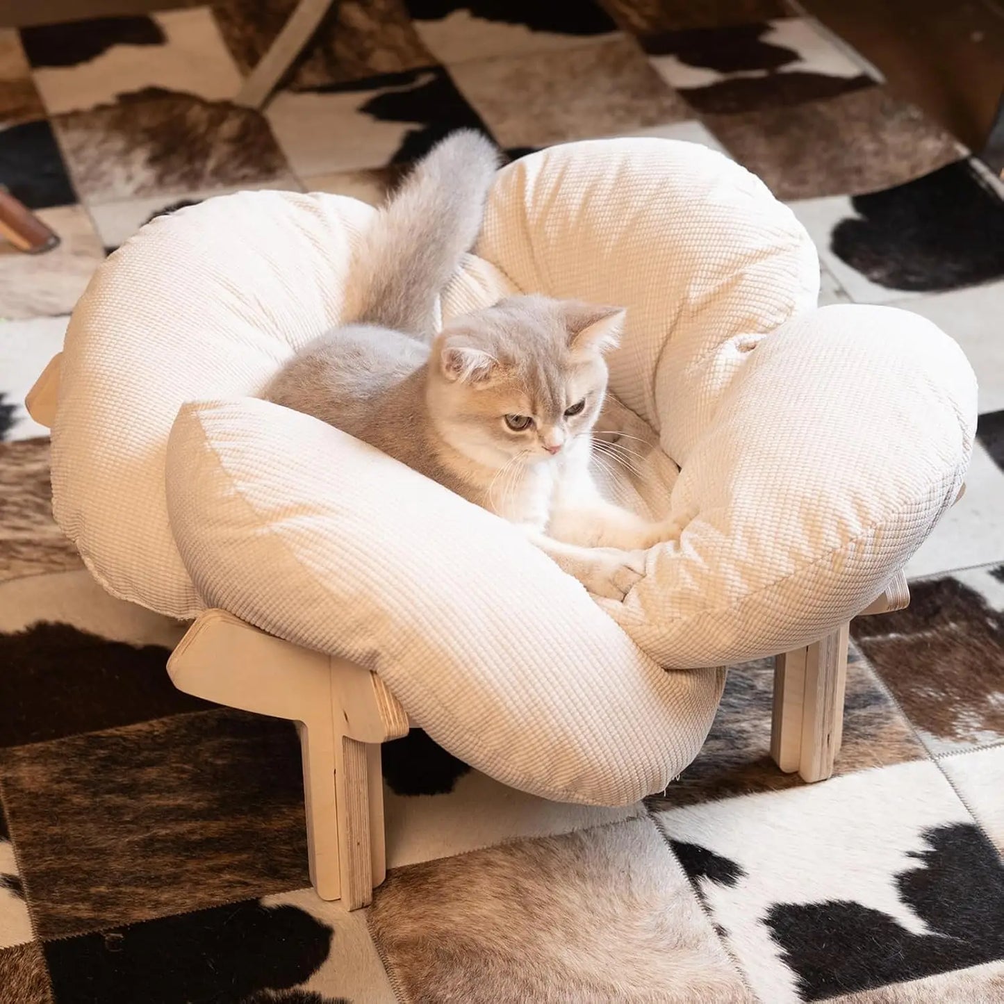Elevated Cat Bed Wooden with Cushion Fluffy Pet Couch Sofa for Indoor Cats Raised Kitty Lounge Chair Suitable for