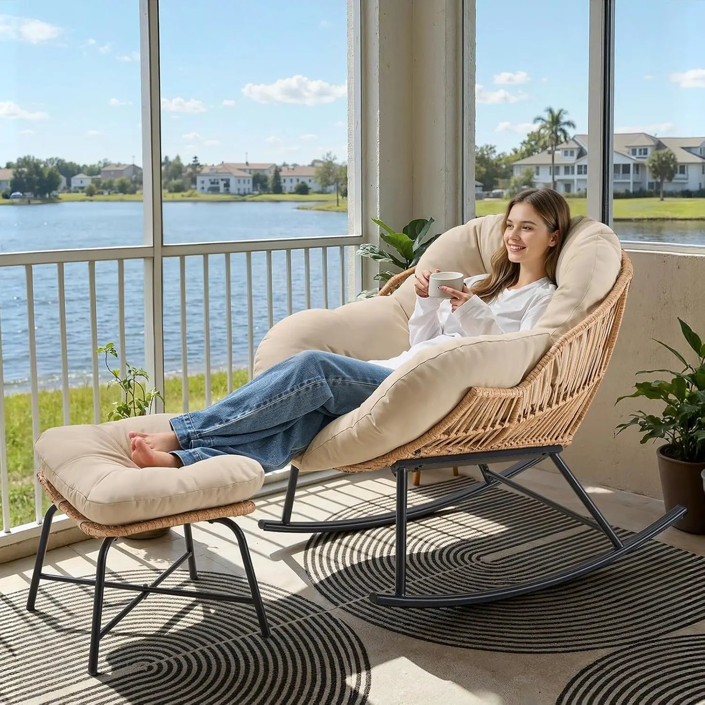 Papasan Rocking Chair With Ottoman For Indoor And Outdoor Living