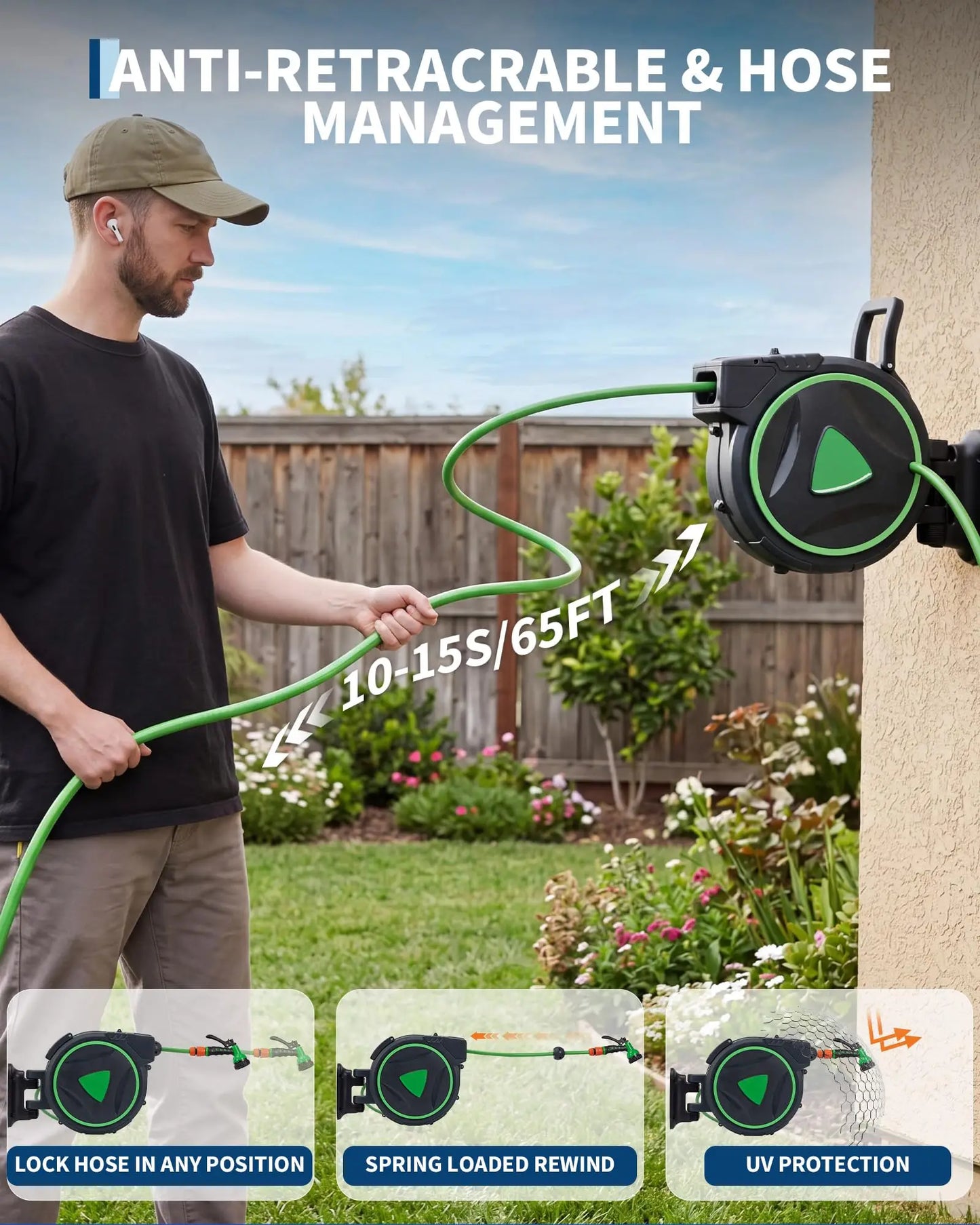 Retractable Garden Hose Reel 1/2 x 65/100 ft & 5/8 x 65/90 ft, 180° Wall Mount Swivel, Auto Rewind For Yard Use