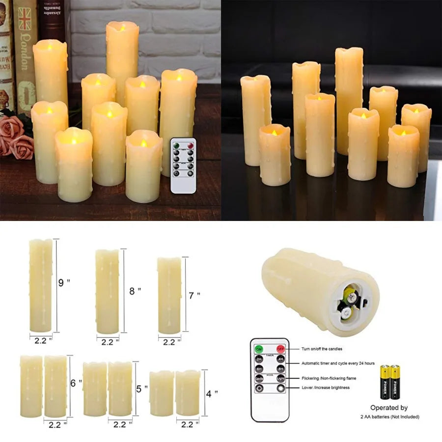 Flameless Flickering LED Real Wax Pillar Candles Set Of 9 With Remote And Timer