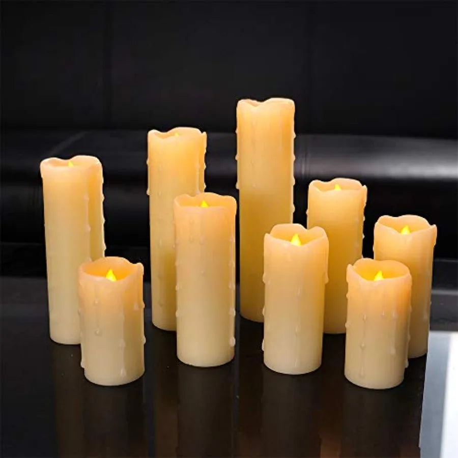 Flameless Flickering LED Real Wax Pillar Candles Set Of 9 With Remote And Timer