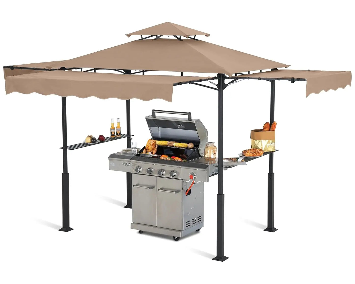 Grill Gazebo with 3 Side Awnings - 14x5 Outdoor BBQ Canopy Shelter with 2 Led Lights for Patio Backyard Grilling, Customized