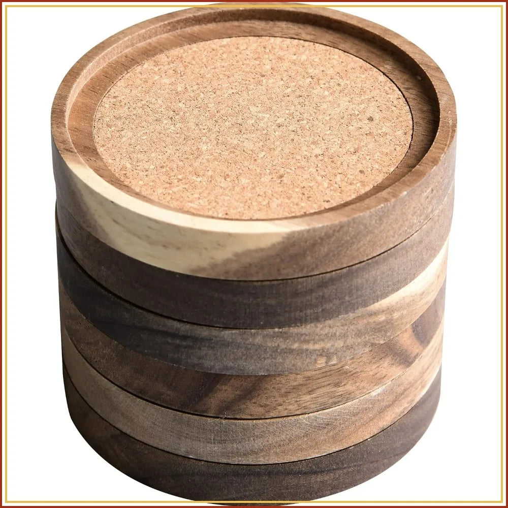 Rustic Acacia Wood Coasters Set of 6, Absorbent Cork Inserts, 4.13 Inch, Stackable Cup Holders for Tables