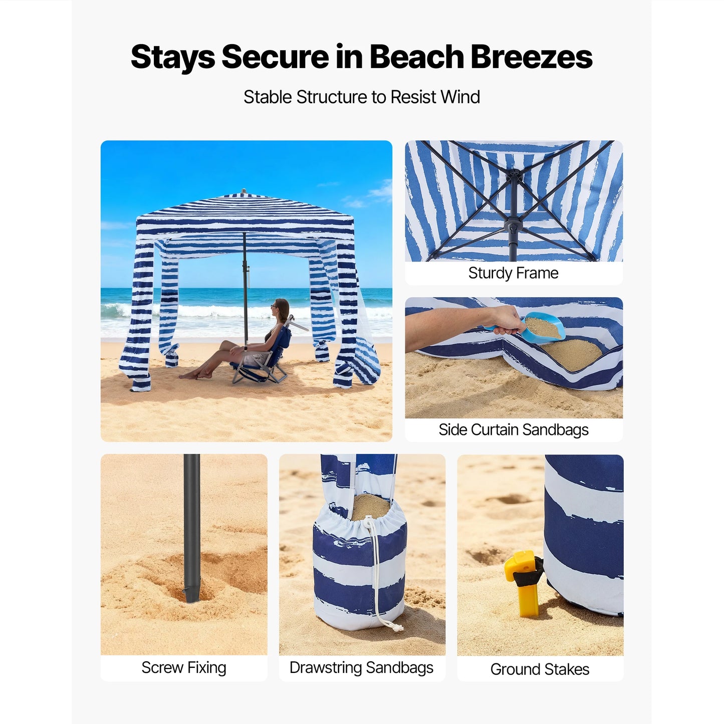 VEVOR Beach Cabana 6 x 6ft/8 x 8ft Beach Canopy with Side Wall Shade Sun Shelter Umbrella with Sand Pockets for Whole Family