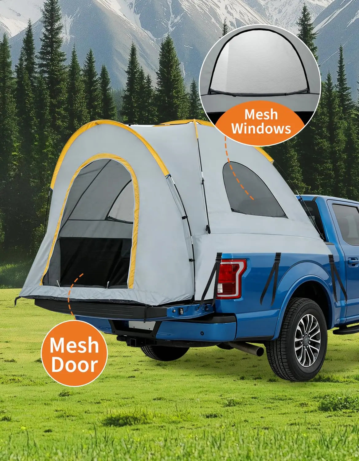 Waterproof Double Layer Pickup Truck Bed Tent with Awning – Portable Camping Shelter for 2–3 Persons, Fits 5–8.2 ft Beds – Compatible with Chevrolet Silverado 1500, F150, Ram 1500 – Includes