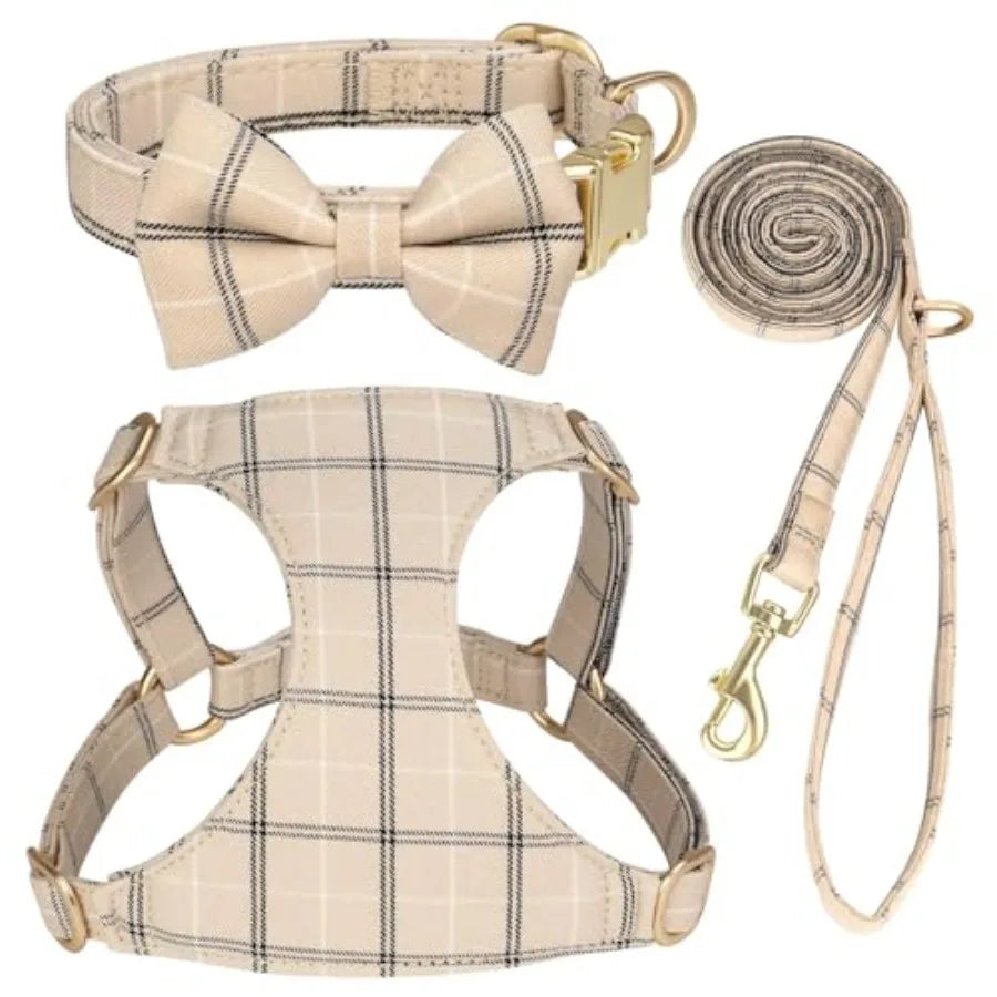 Dog Harness And Leash Set With Bowtie Soft Adjustable Plaid