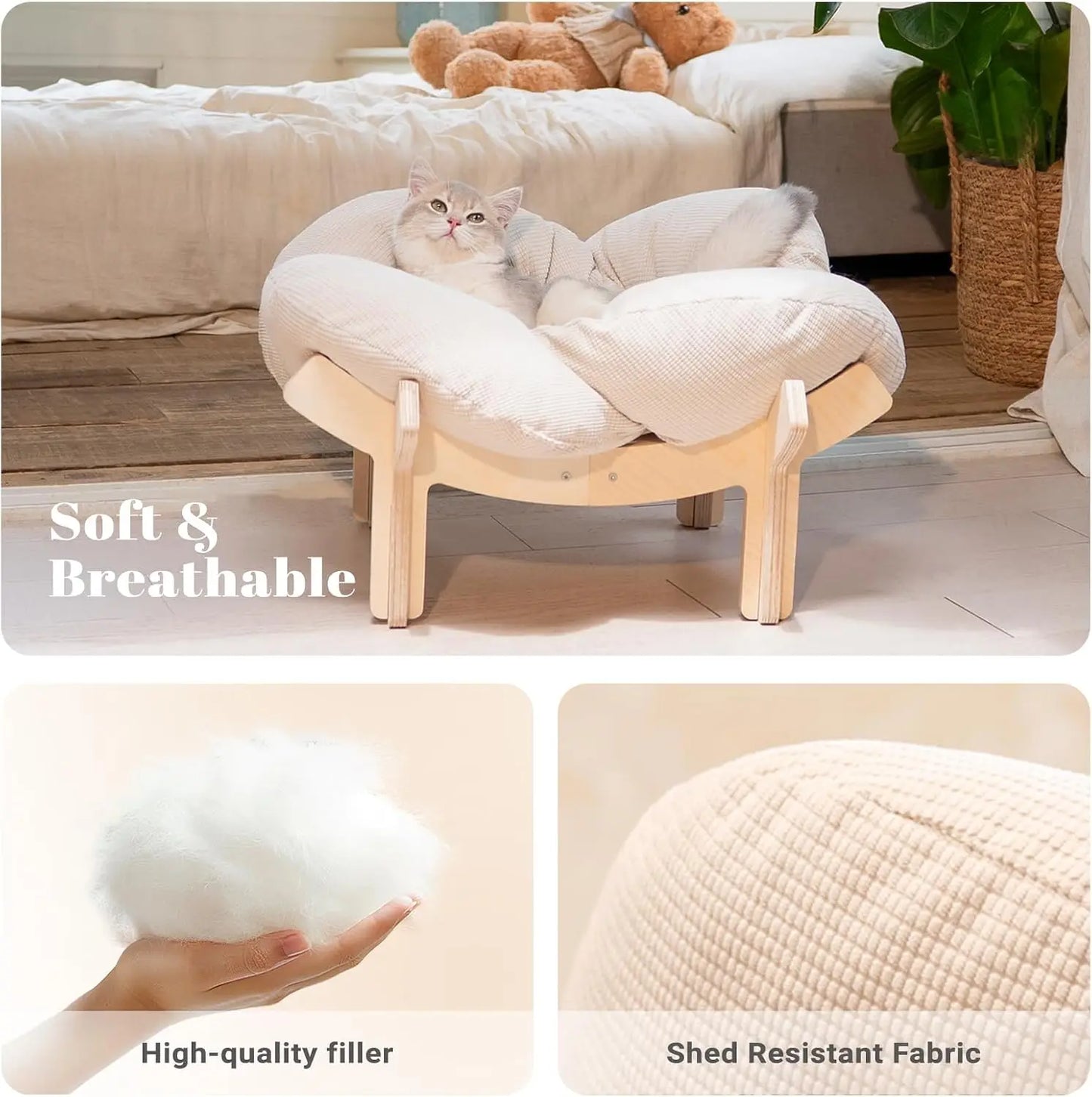 Elevated Cat Bed Wooden with Cushion Fluffy Pet Couch Sofa for Indoor Cats Raised Kitty Lounge Chair Suitable for