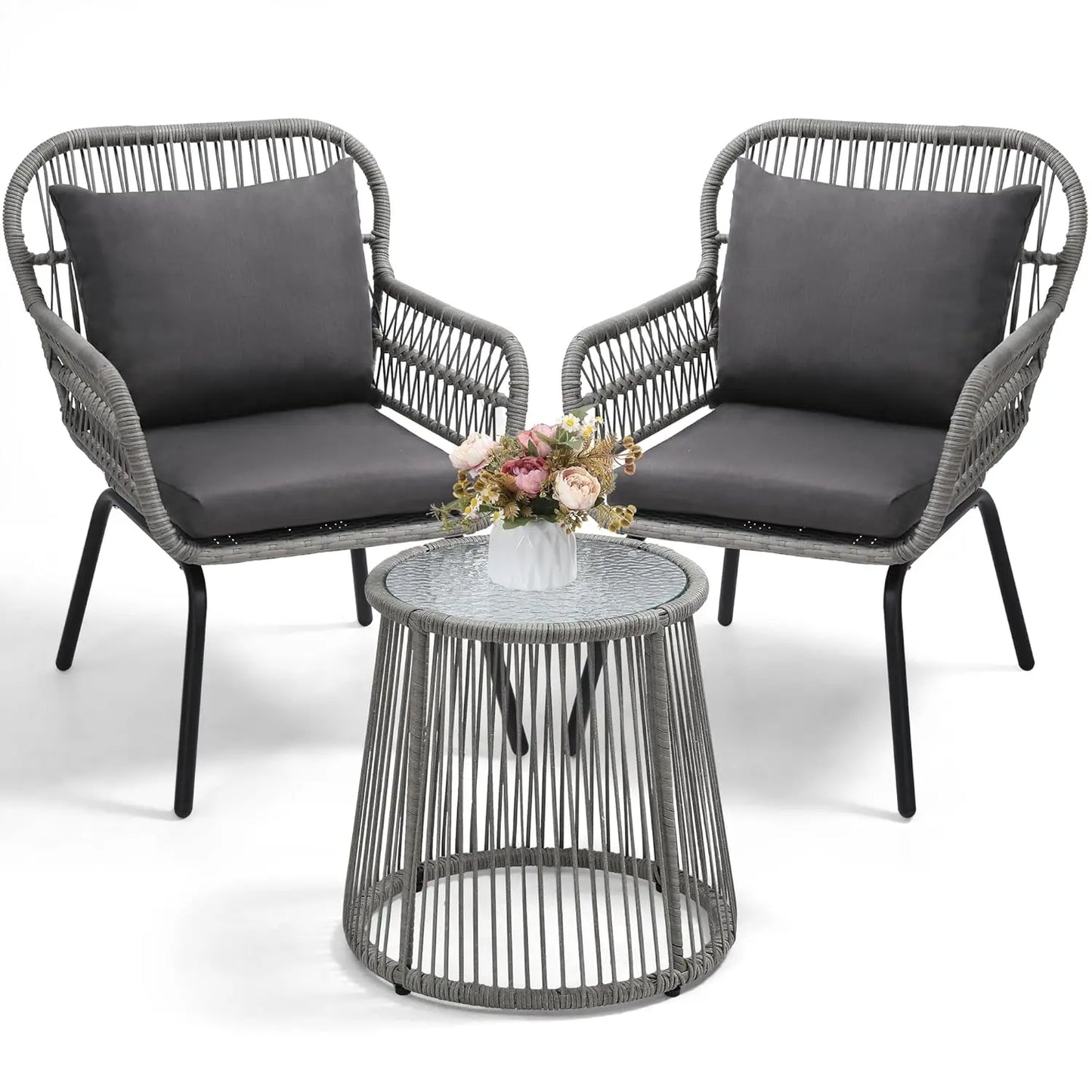 All Weather 3 Piece Bistro Set With Cushioned Rope Chairs