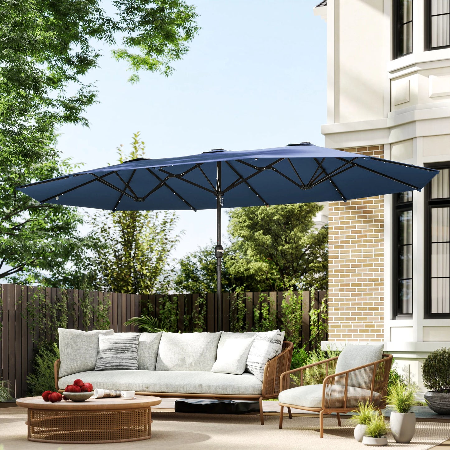 Double-Sided Sun Umbrella, Outdoor Garden Parasol, Patio Sun Shade with Led Solar Light, Sand Base, Navy Blue