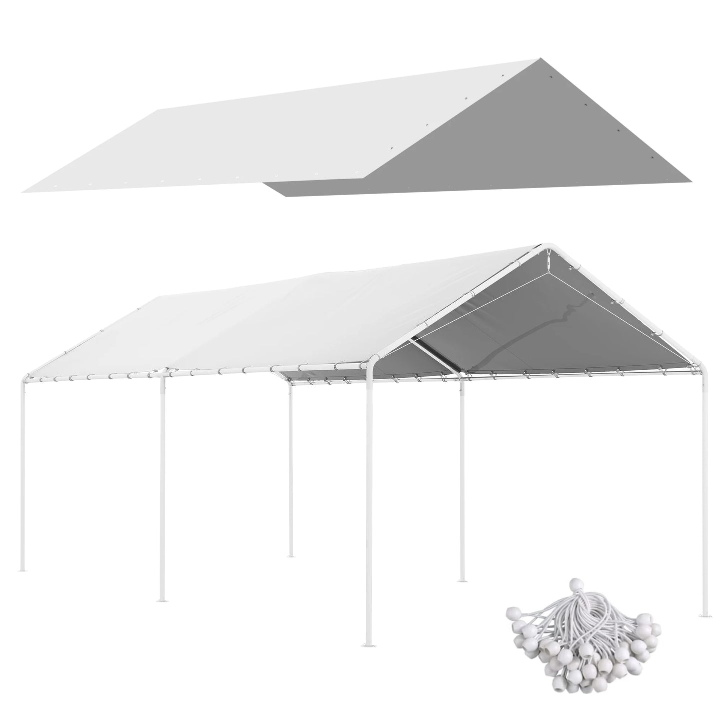 10' X 20' Carport Roof, Canopy Replacement Cover for 84C-159 Series, with Ball Bungee Cords, White