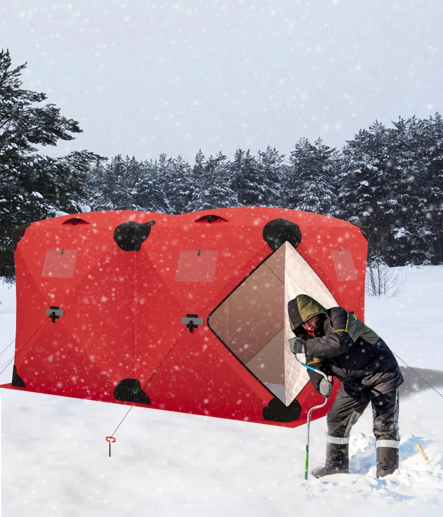 Pop Up Ice Fishing Tent Insulated Ice Fishing Shelter Portable Hub-Style Shelter Shanty Windproof and Warm, Multiple Sizes for 3-4 Person, Red, 6x6x6.6 Ft