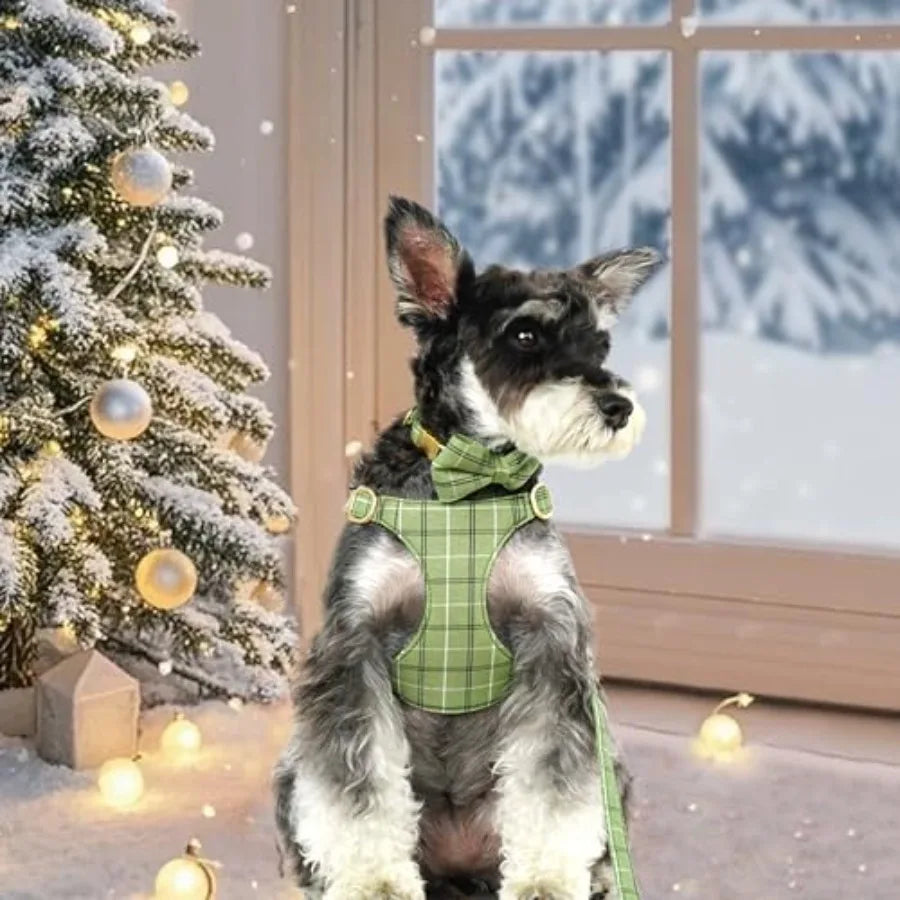 Dog Harness And Leash Set With Bowtie Soft Adjustable Plaid