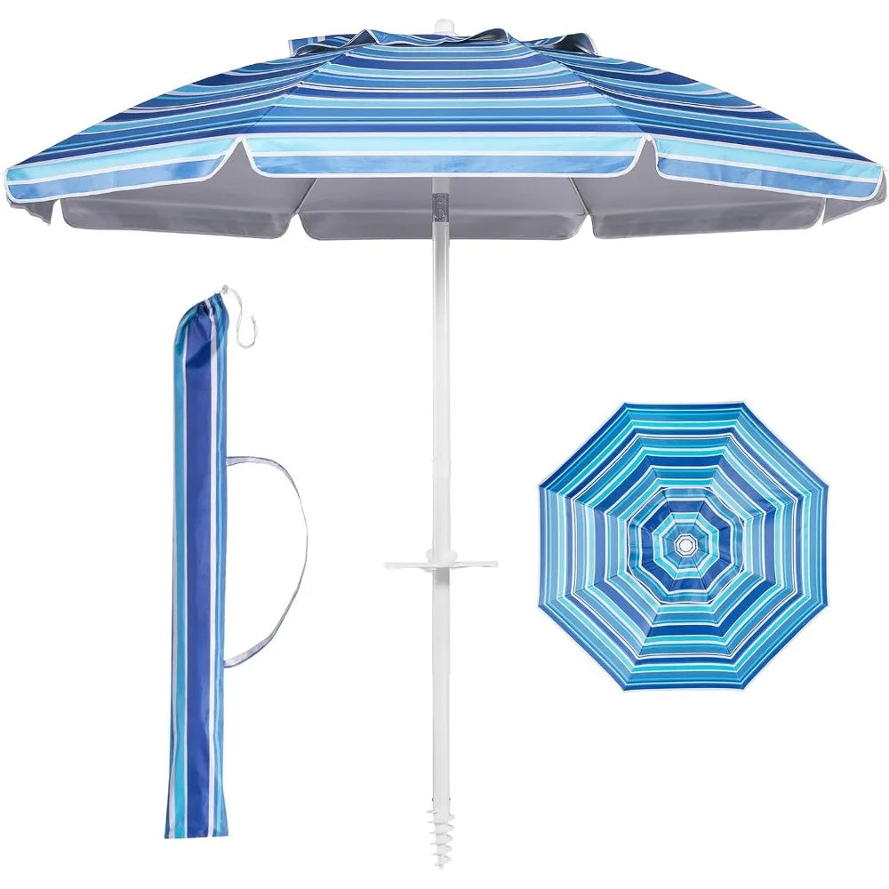 65FT Beach Umbrella Tilt Pole Sand Anchor Carry Bag UPF50 Sun Shelter Air Vents Outdoor Navy White