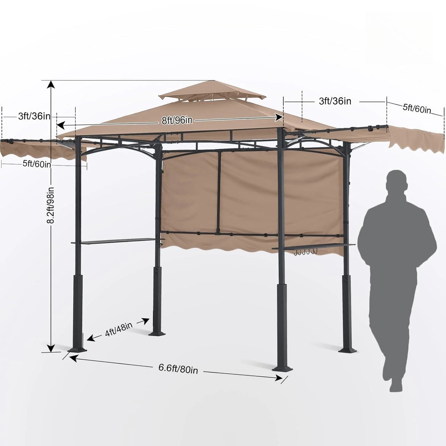 Grill Gazebo with 3 Side Awnings - 14x5 Outdoor BBQ Canopy Shelter with 2 Led Lights for Patio Backyard Grilling, Customized