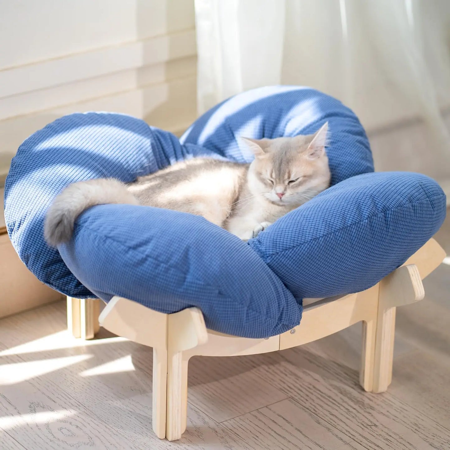 Elevated Cat Bed Wooden with Cushion Fluffy Pet Couch Sofa for Indoor Cats Raised Kitty Lounge Chair Suitable for
