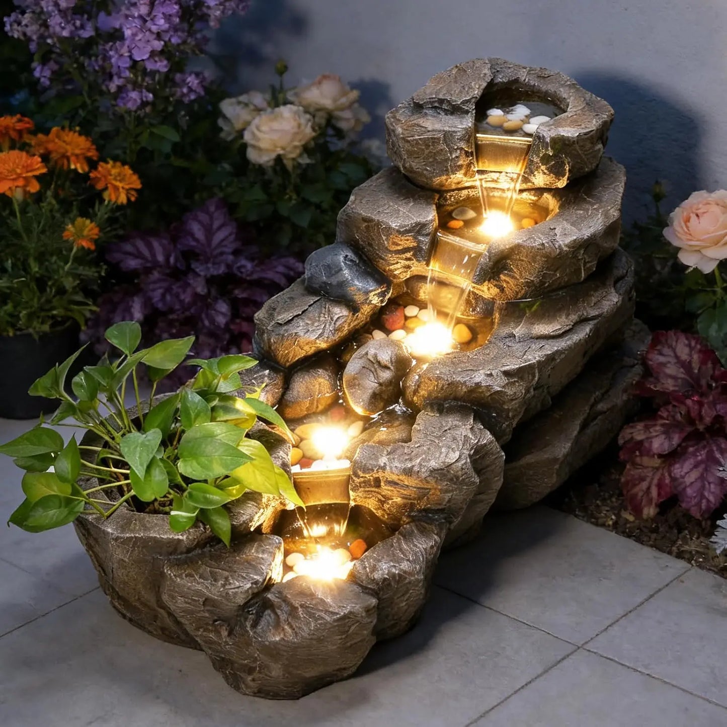 Solar Powered 5-Tier Rock Water Fountain Outdoor Garden