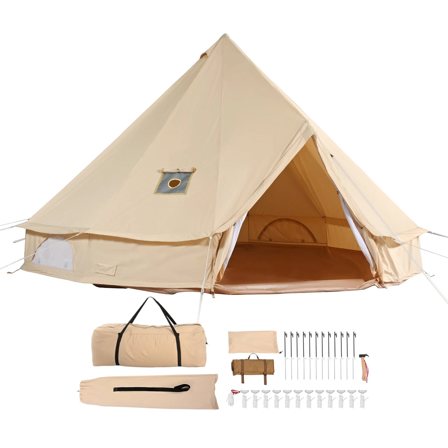 SucceBuy Canvas Bell Tent 4 Seasons 3/4/5/6/7m Yurt Tent Canvas Tent for Camping with Stove Breathable Tent Holds up to 8People