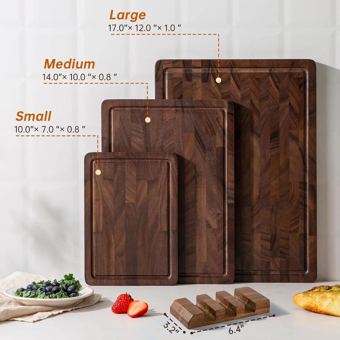 Walnut End Grain Cutting Board Set, Double Sided Butcher Block with Handle, Non Toxic Wooden Charcuterie Board for Kitchen, Gift Box