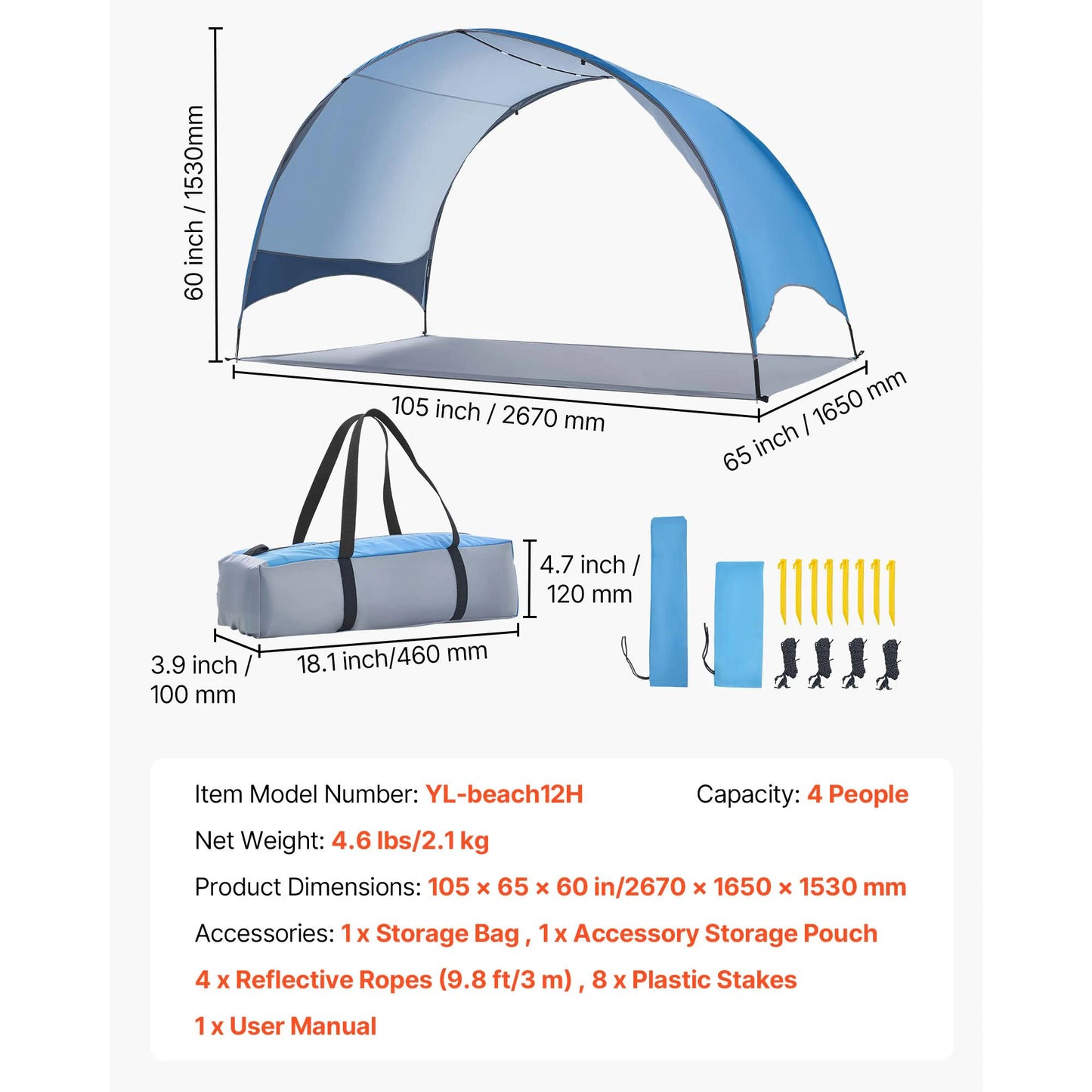 SucceBuy Beach Tent Sun Shelter for 3/4 Person UPF 50+ Protection Portable Sun Shade Canopy for Camping Fishing Outdoor Picnic