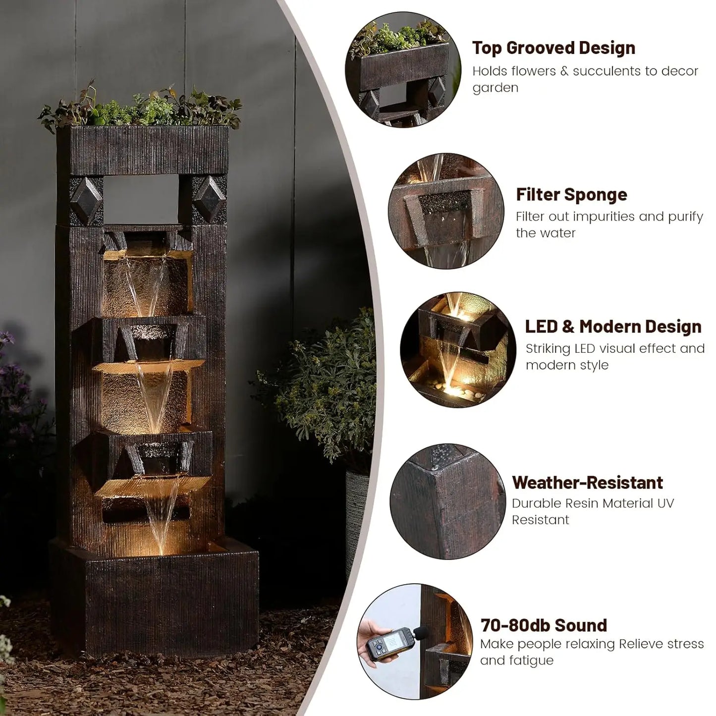Four Tier Water Fountain With LED Lights And Pump For Indoor Outdoor