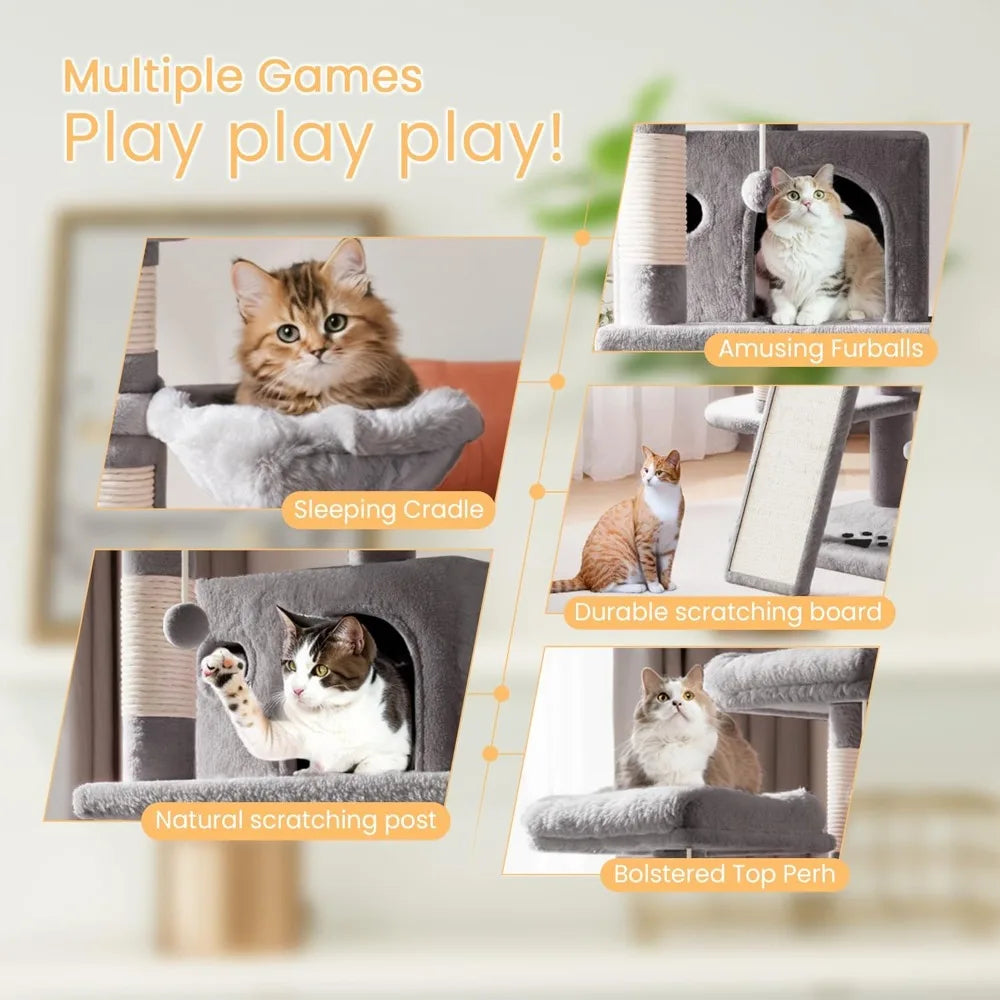 Cat Tree Multi Level Condo With Scratching Posts And Hammocks For Multiple Cats