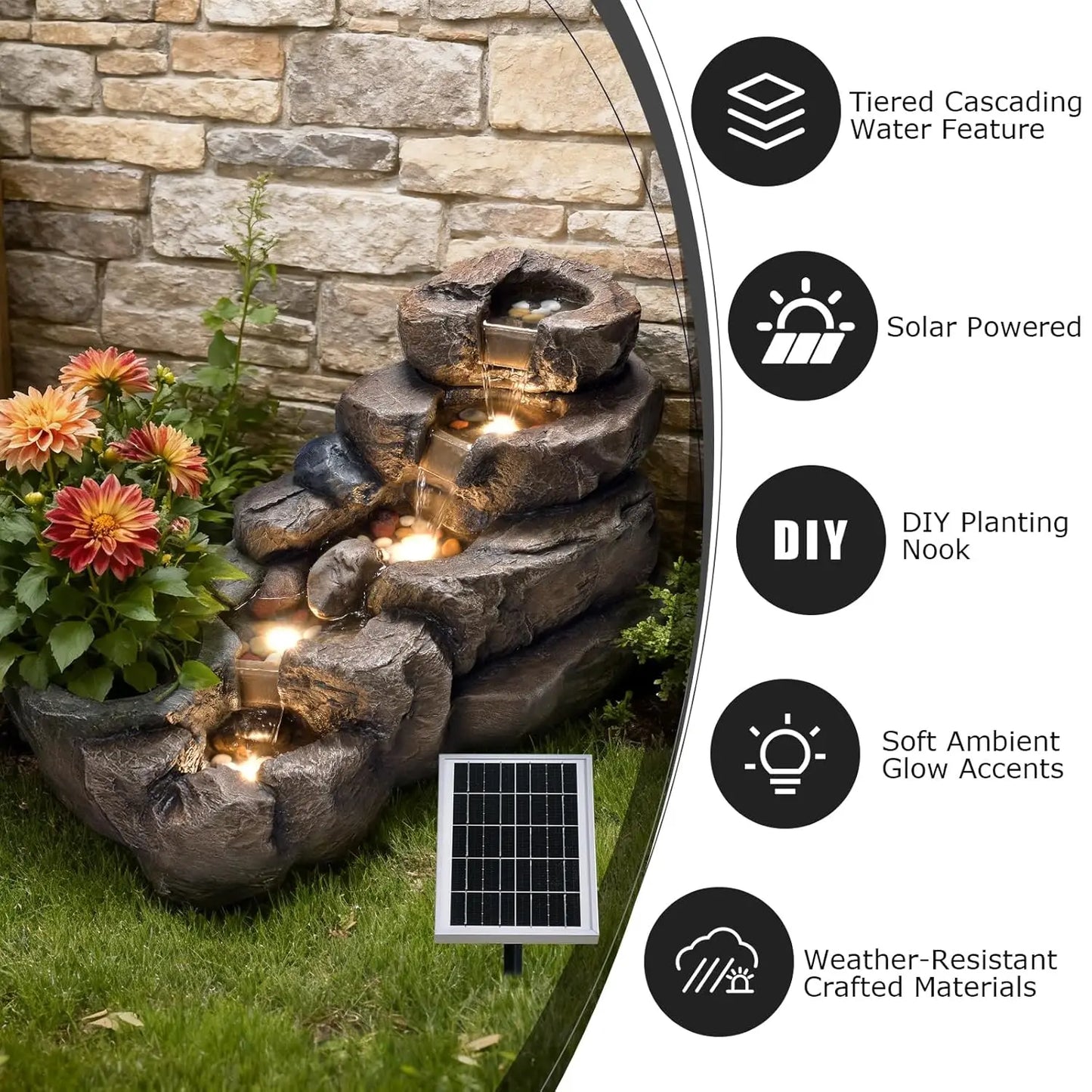 Solar Powered 5-Tier Rock Water Fountain Outdoor Garden