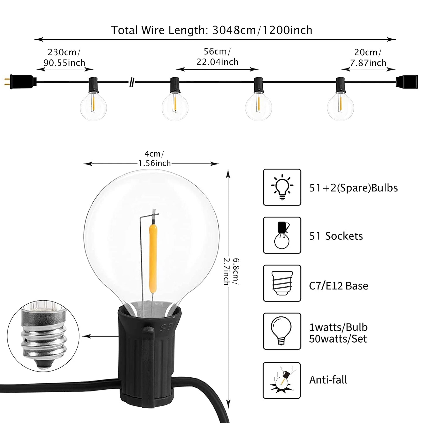 Aiopp Led Globe String Lights Outdoor G40 With US Plug