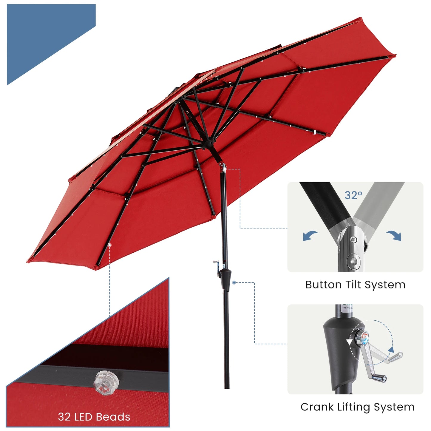 Outdoor Solar Patio Umbrella With 32 LED Lights UV Resistant