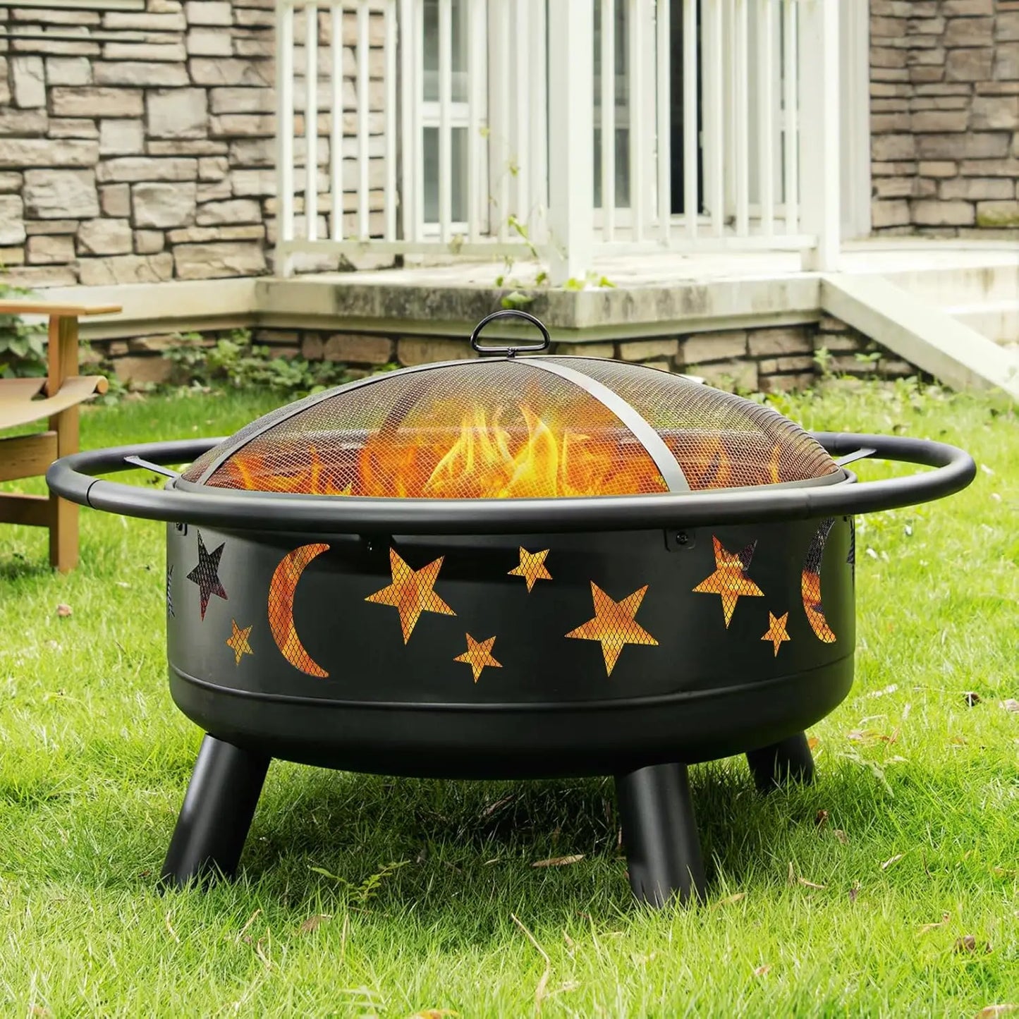 Round Fire Pit With Mesh Cover Star Moon Design Outdoor