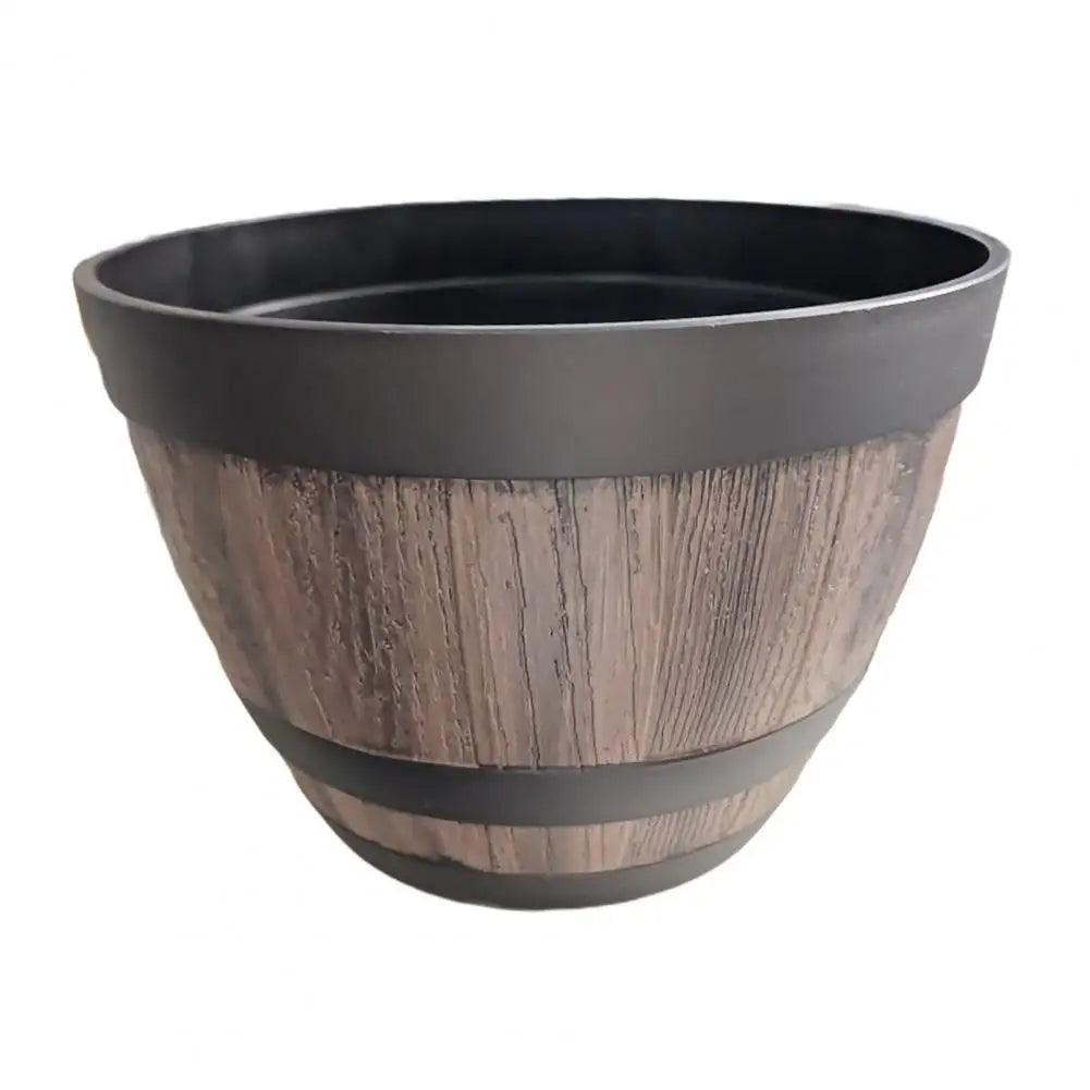 Rustic Faux Wood Whiskey Barrel Garden Planter With Drainage Holes