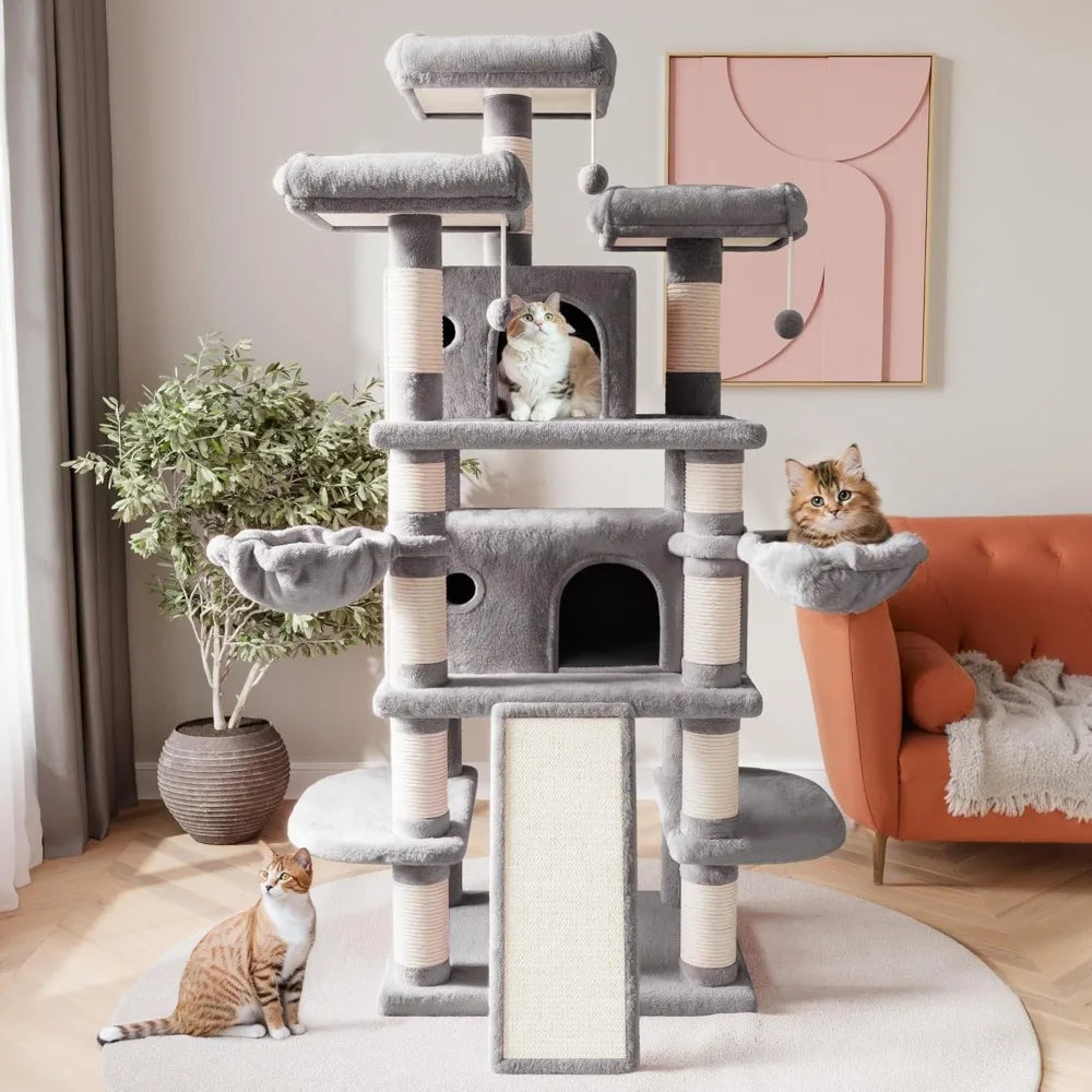 Cat Tree Multi Level Condo With Scratching Posts And Hammocks For Multiple Cats