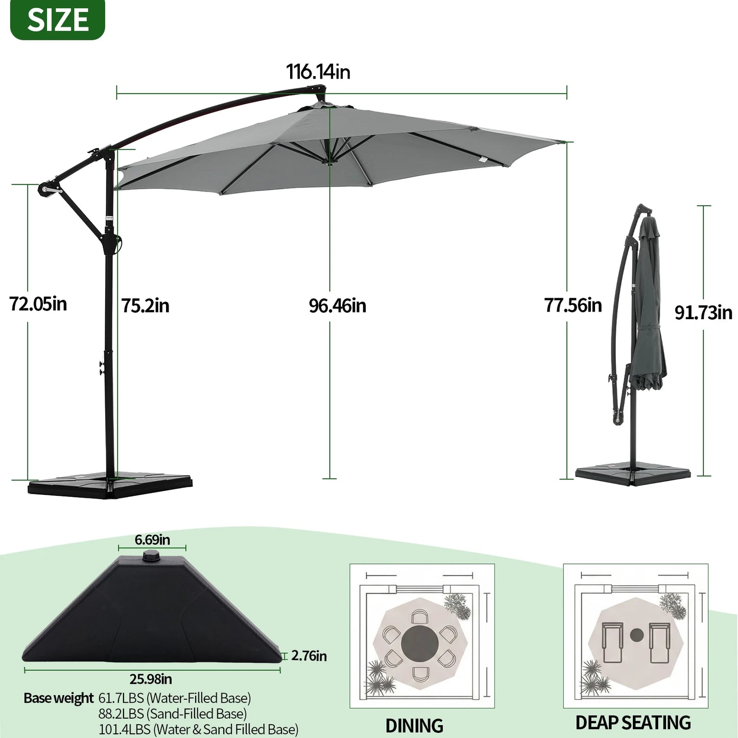 JHK 9.8FT Outdoor Offset Patio Umbrella with Base Hanging Cantilever with Easy Tilt Adjustment UV Protection 8 Sturdy Ribs