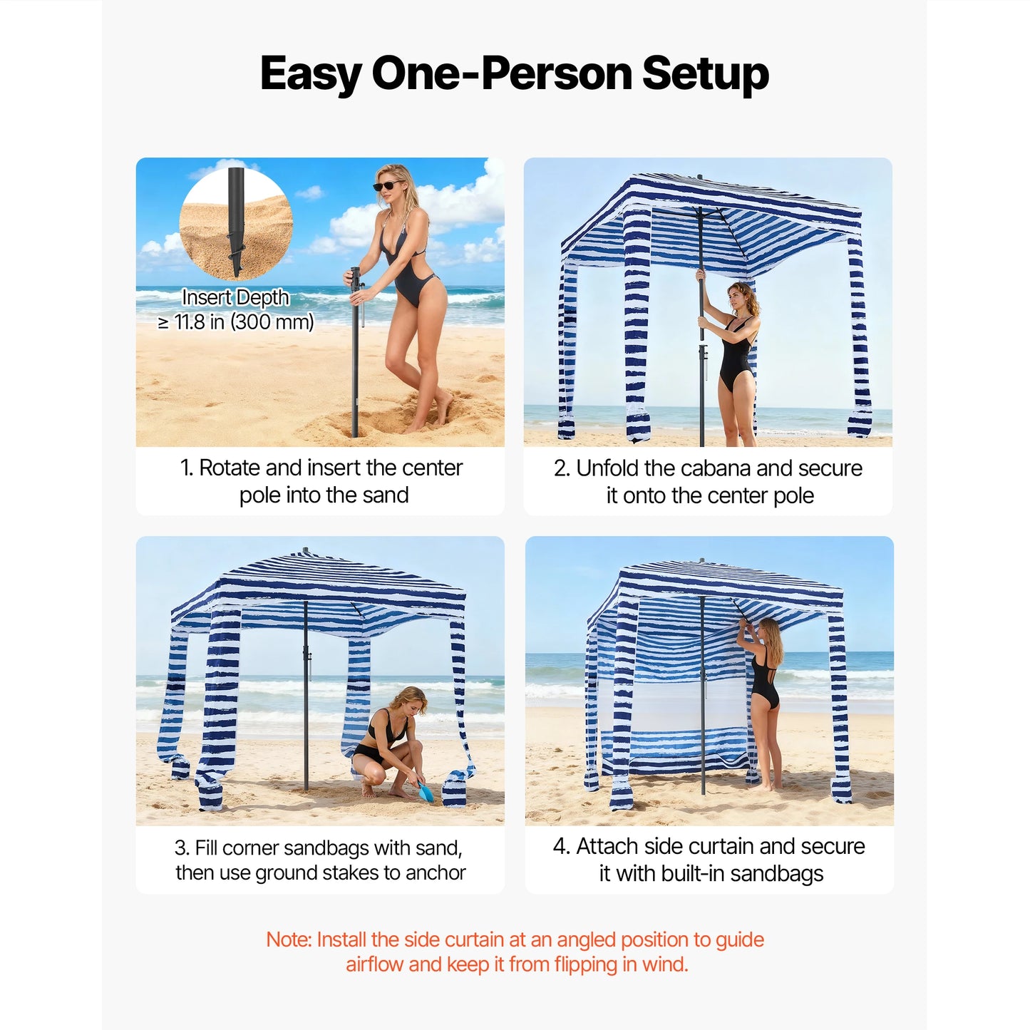 VEVOR Beach Cabana 6 x 6ft/8 x 8ft Beach Canopy with Side Wall Shade Sun Shelter Umbrella with Sand Pockets for Whole Family