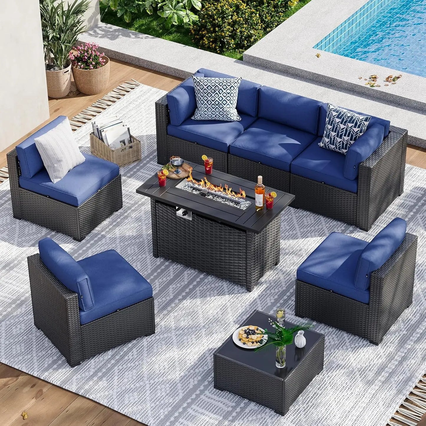 Patio Furniture Set With Fire Pit Table And Wicker Sofa