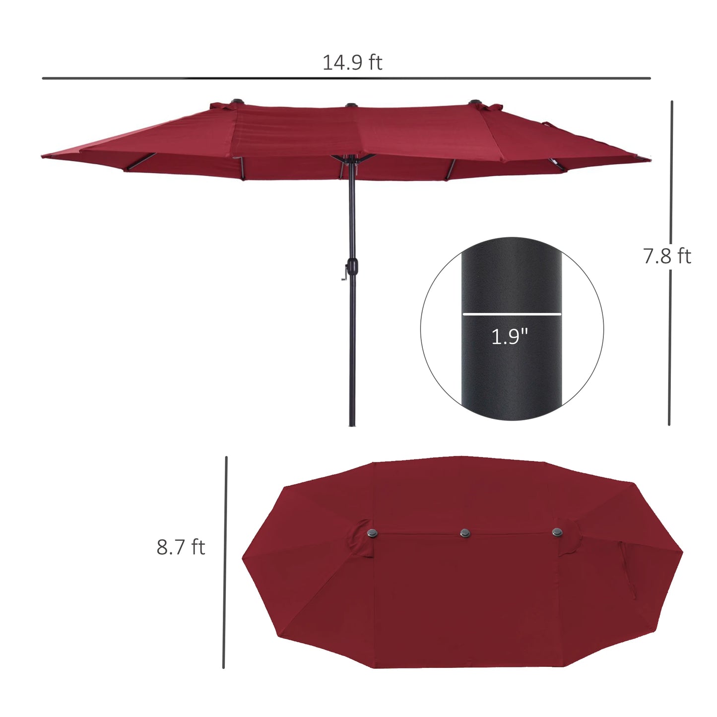 Extra Large 15ft Patio Umbrella, Double-Sided Outdoor Umbrella with Crank Handle and Air Vents for Backyard, Deck, Pool, Market, Red