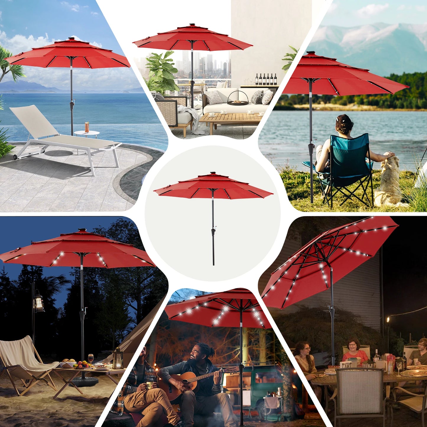 Outdoor Solar Patio Umbrella With 32 LED Lights UV Resistant