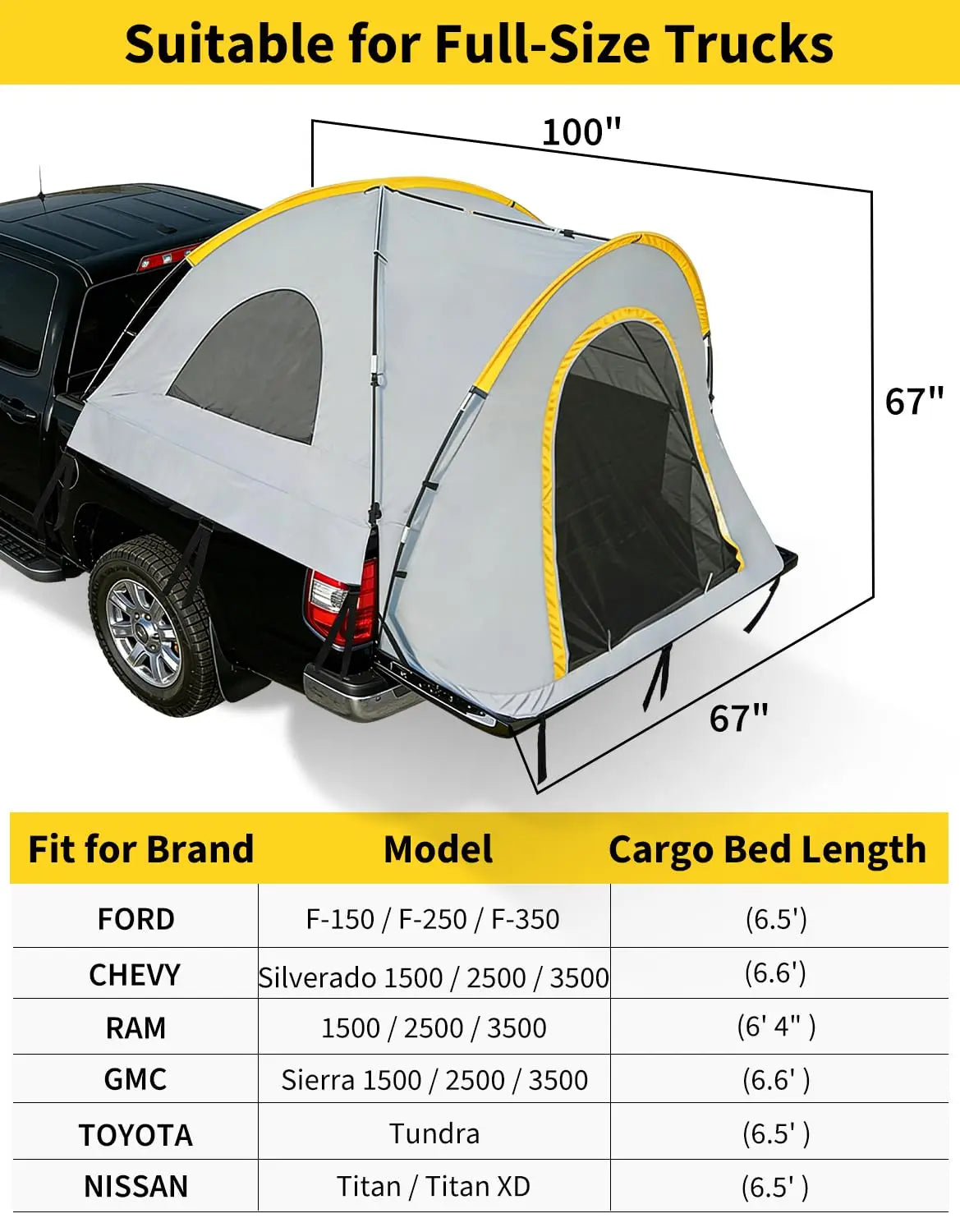 Waterproof Double Layer Pickup Truck Bed Tent with Awning – Portable Camping Shelter for 2–3 Persons, Fits 5–8.2 ft Beds – Compatible with Chevrolet Silverado 1500, F150, Ram 1500 – Includes