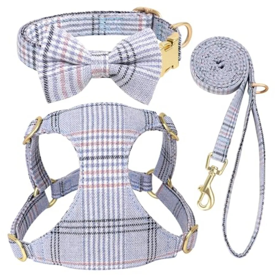 Dog Harness And Leash Set With Bowtie Soft Adjustable Plaid