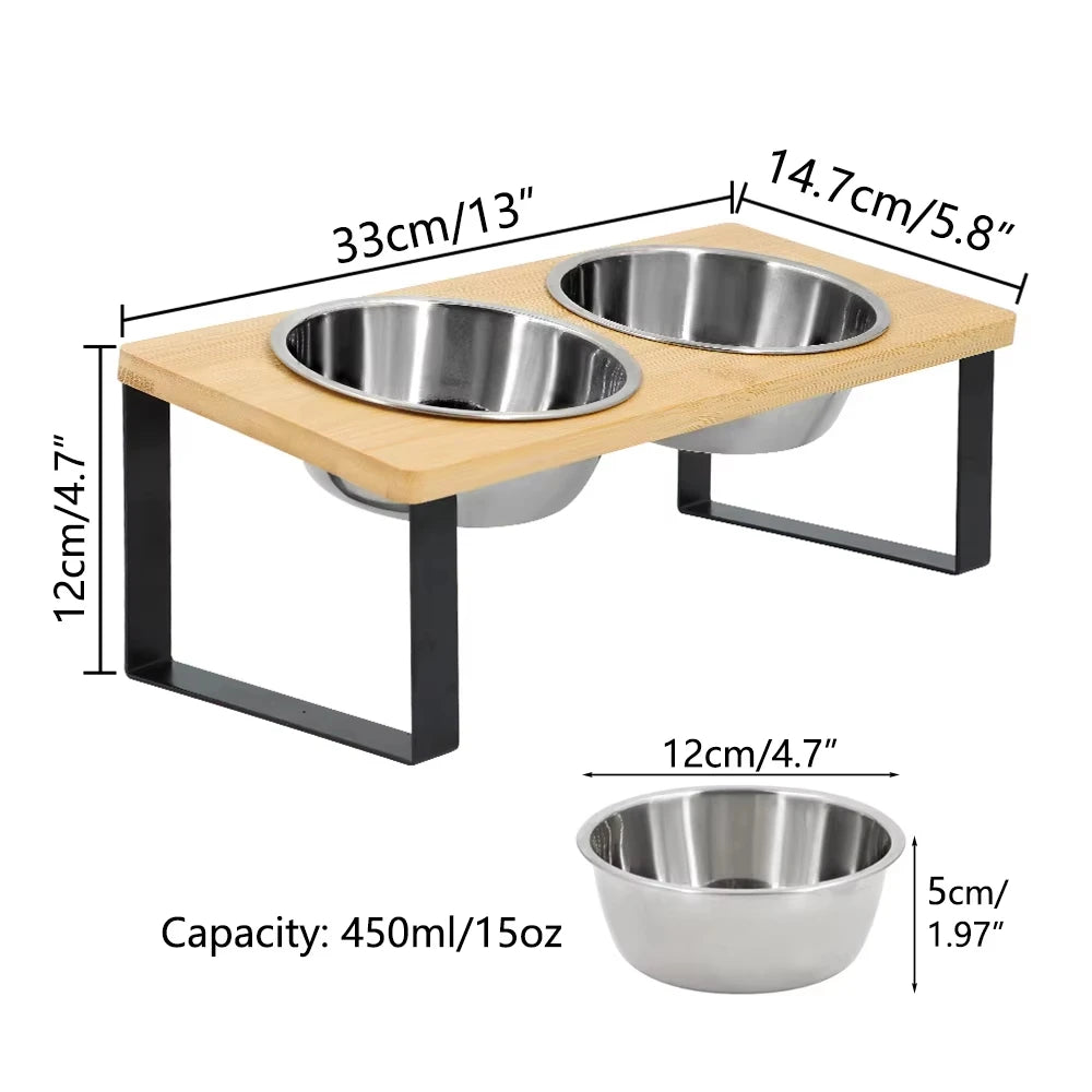 Elevated Tilted Cat Bowls With Wooden Stand And Stainless Bowls