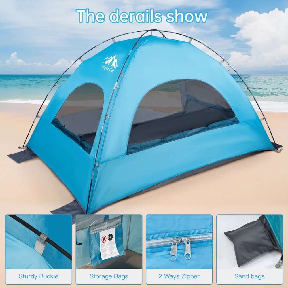 Night Cat Beach Tent Portable Camping Sun Shade Shelter for 2-4 Persons with UV Protection 3 Breathable Mesh Windows Extended Tent Floor Easy Set Up Outdoor