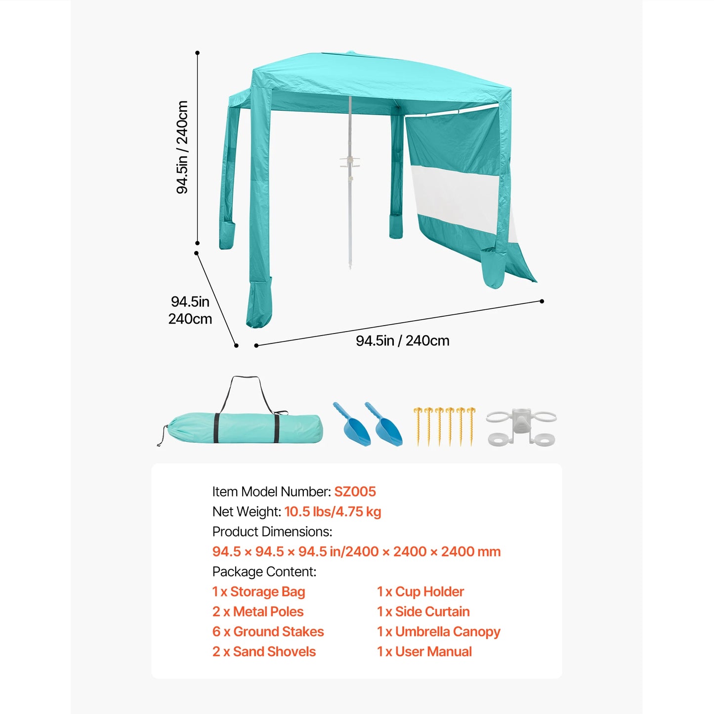 VEVOR Beach Cabana 6 x 6ft/8 x 8ft Beach Canopy with Side Wall Shade Sun Shelter Umbrella with Sand Pockets for Whole Family
