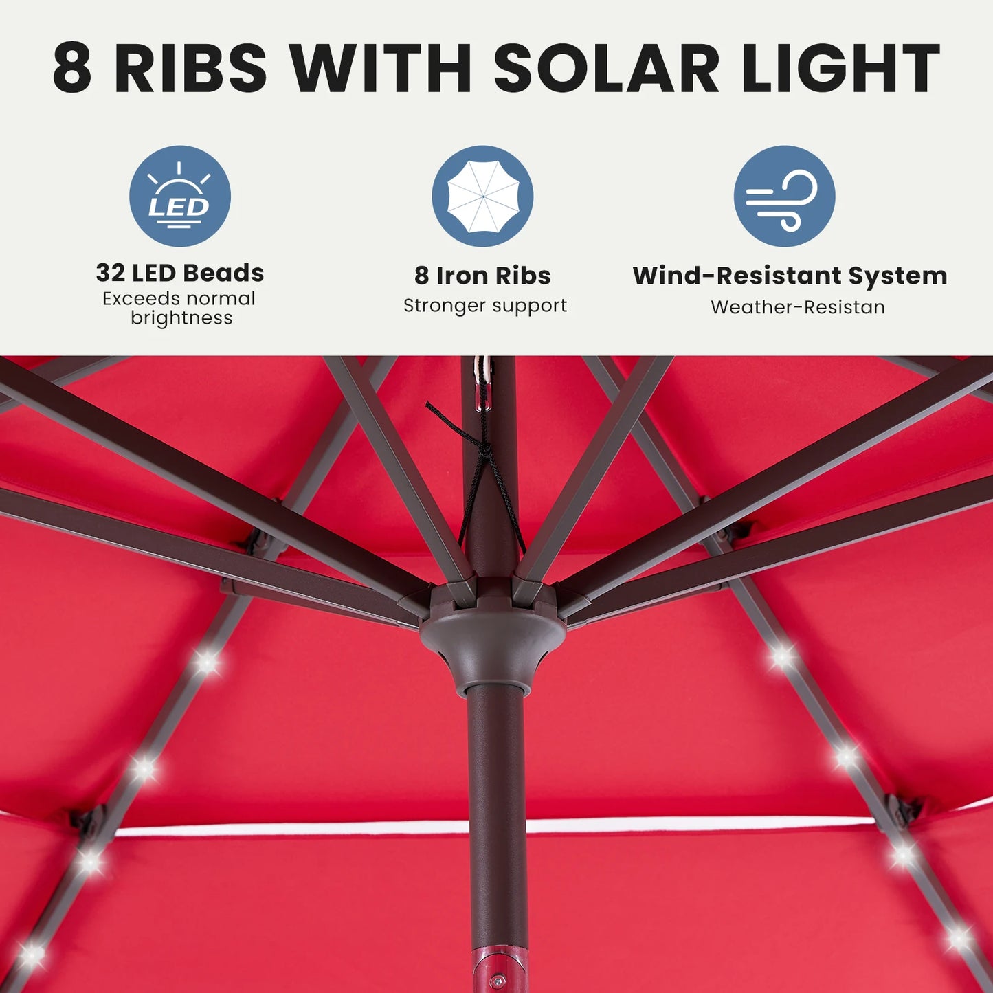 Outdoor Solar Patio Umbrella With 32 LED Lights UV Resistant