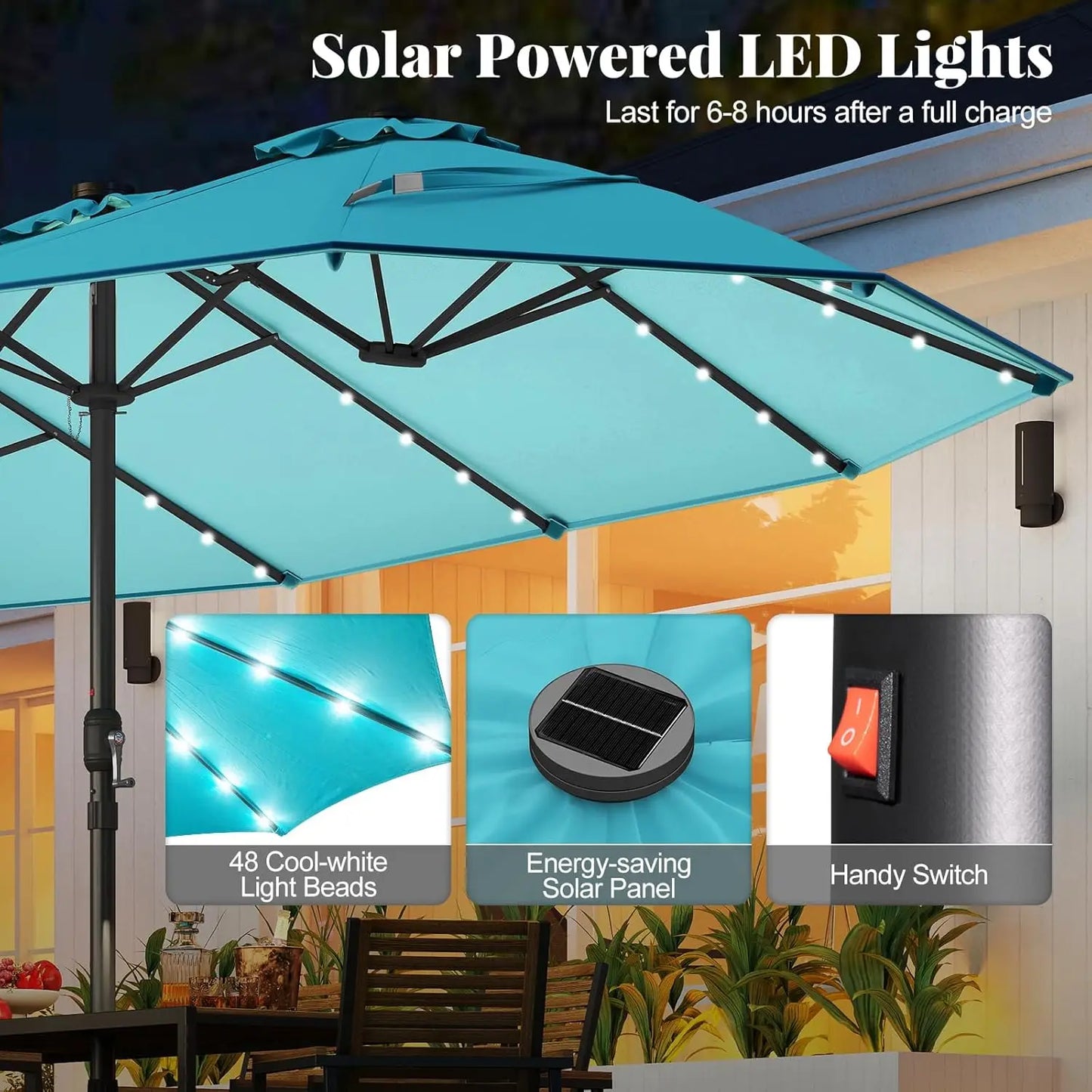Double Sided Solar Patio Umbrella With 48 LED Lights
