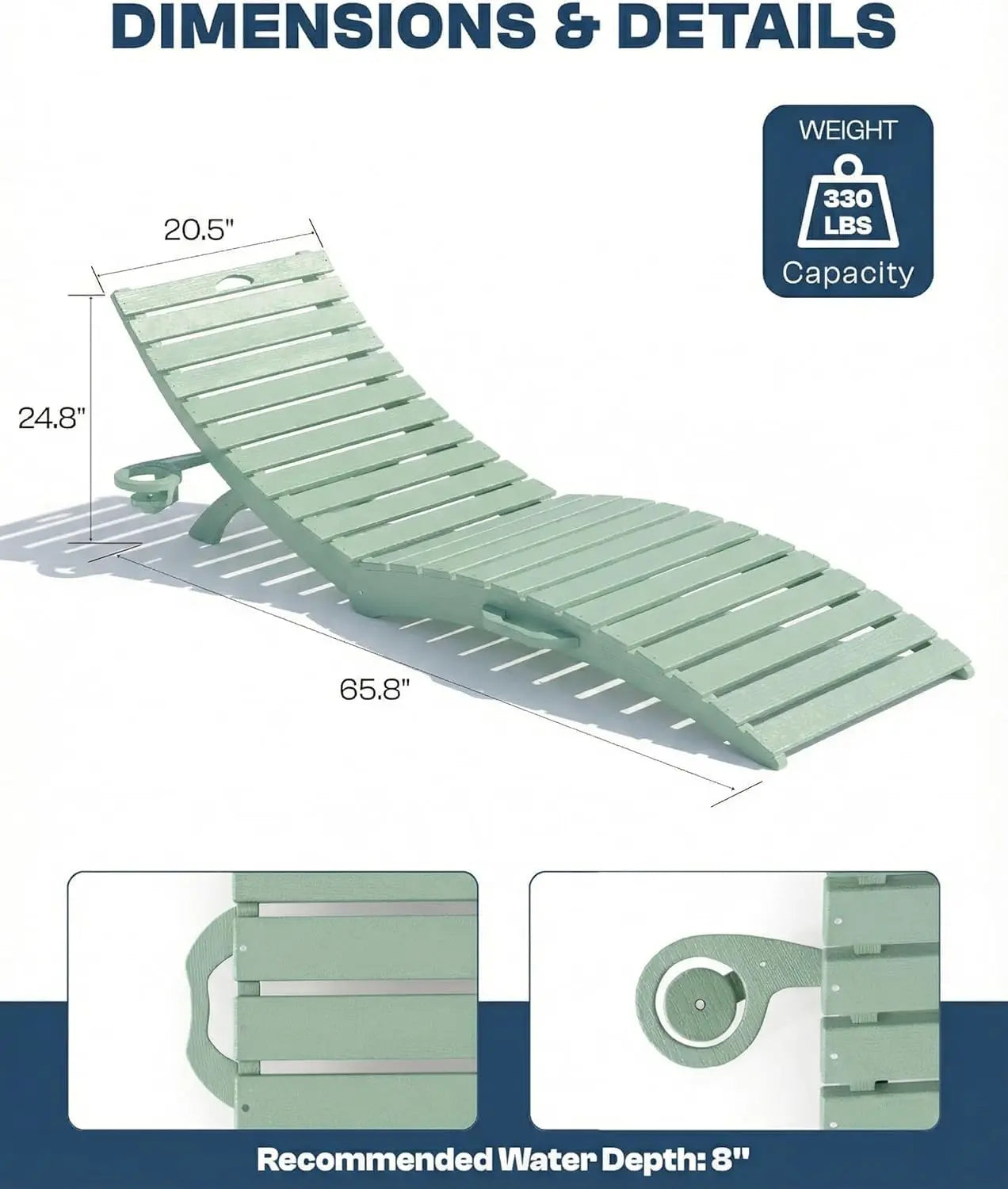 HDPE Pool Lounge Chairs Foldable Outdoor Chaise Loungers Cup Holder