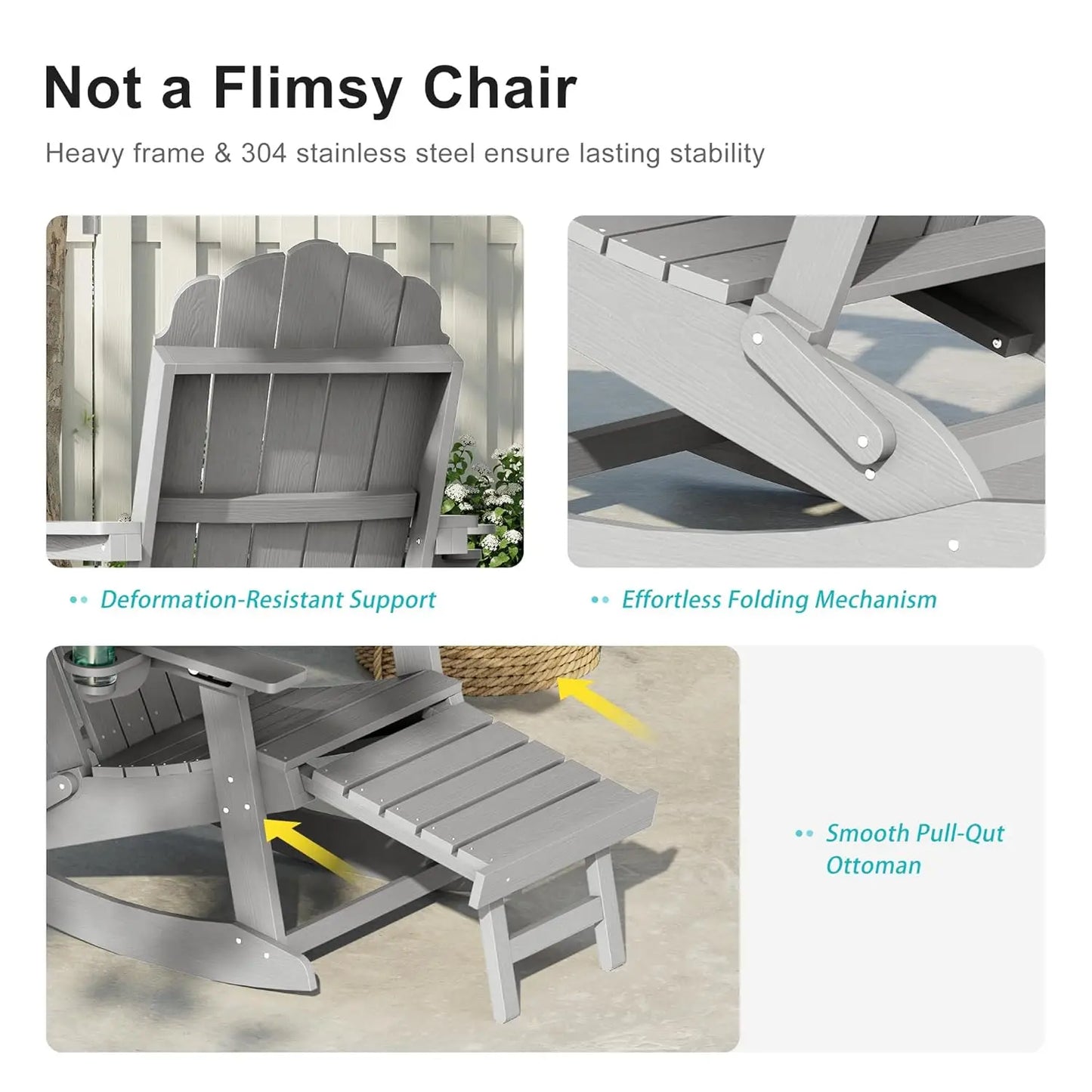 HDPE Folding Rocking Chair Ottoman Cup Holder 3 Position Backrest